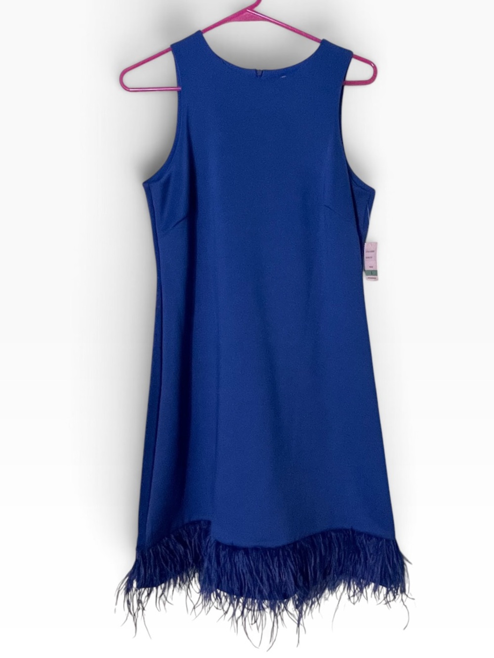 NWT- Taylor blue sleeveless shift dress with feather hem. Size 8